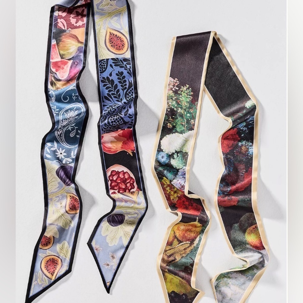 Skinny Hair Scarf Bag Charm Silky Scarves, Set of 5 | Variety of Patterns Colors - Picture 3 of 9